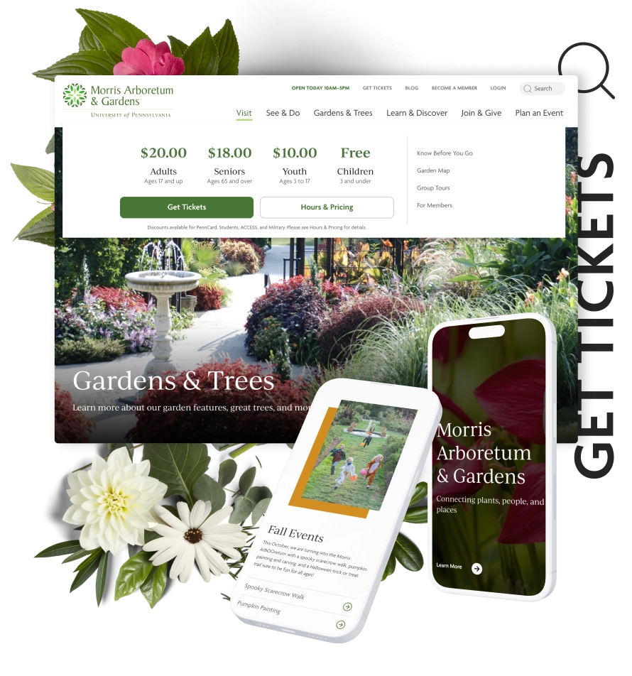 Morris Arboretum & Gardens website design mockups on desktop and mobile featuring ticket prices, events, and garden photography, accented by flowers and leaves.
