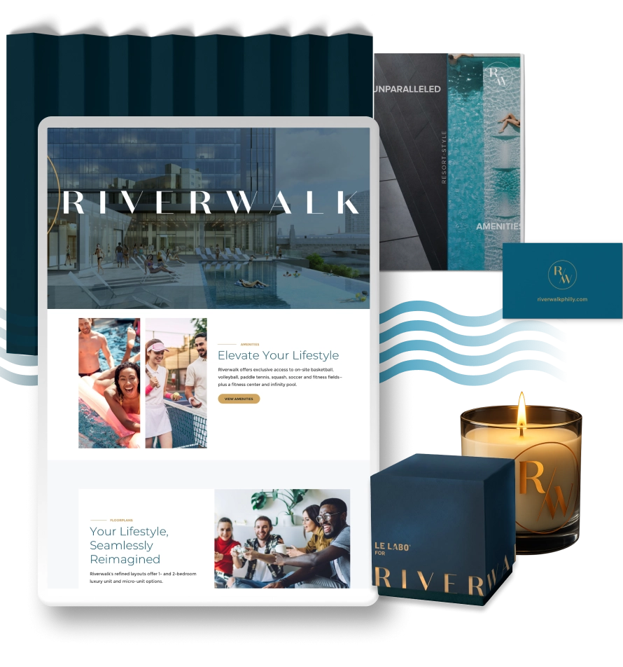 Riverwalk luxury residential property branding and website design mockups featuring poolside lifestyle imagery, marketing collateral, and branded candle packaging.