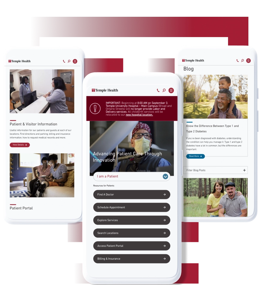 Temple Health website design mockups on mobile devices featuring patient information, portal access, and a health system blog with patient-focused imagery.