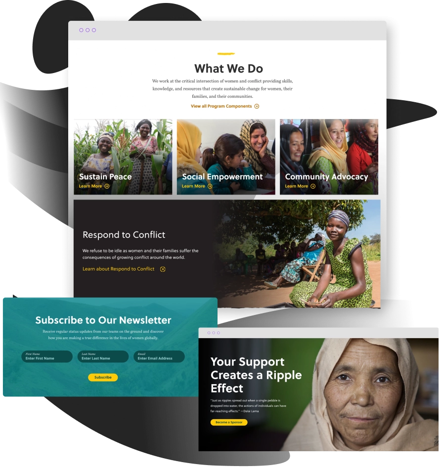 Women for Women International website design mockups featuring program descriptions, images of women in agricultural and advocacy settings, and donation and newsletter signup calls-to-action.