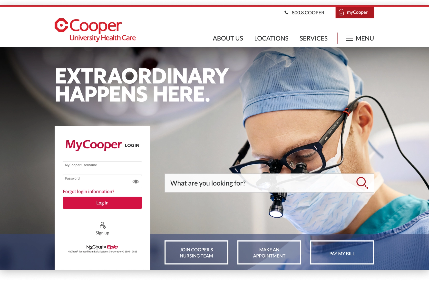 Homepage of Cooper University Health Care website featuring a surgeon in scrubs and mask with the headline “Extraordinary Happens Here.