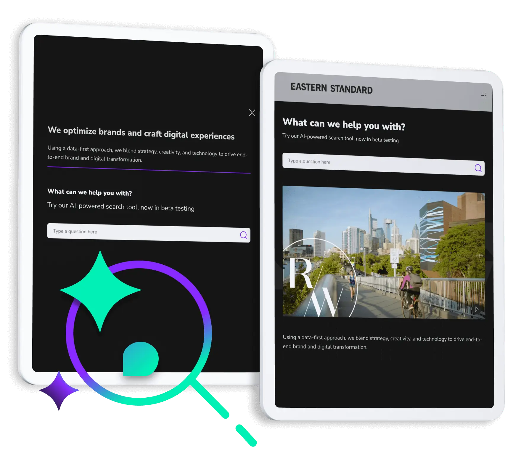 Two tablet screens showing Eastern Standard’s website with a search interface promoting its AI-powered search tool, over a dark background with bright teal and purple graphic accents.