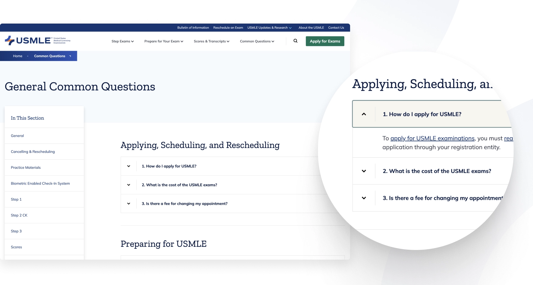 USMLE website FAQ section with expandable questions and answers about applying, scheduling, and exam fees.