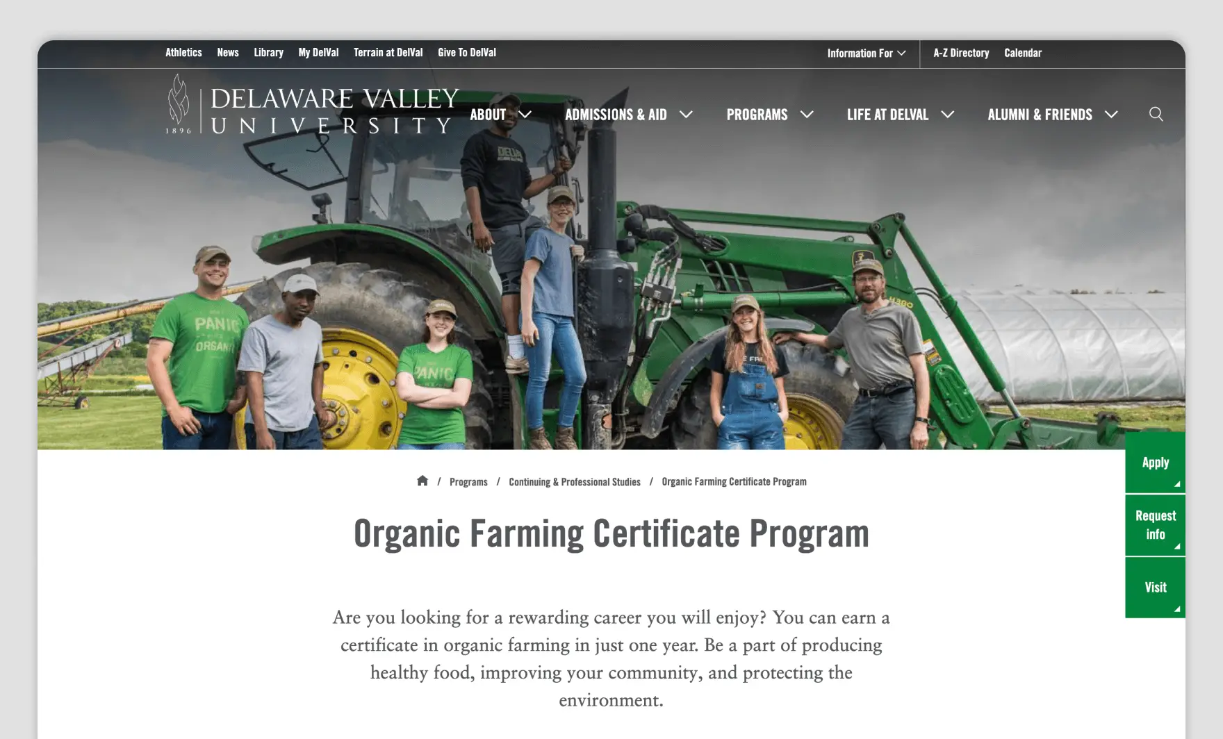 Delaware Valley University students standing in front of a large green tractor on campus, promoting the Organic Farming Certificate Program.