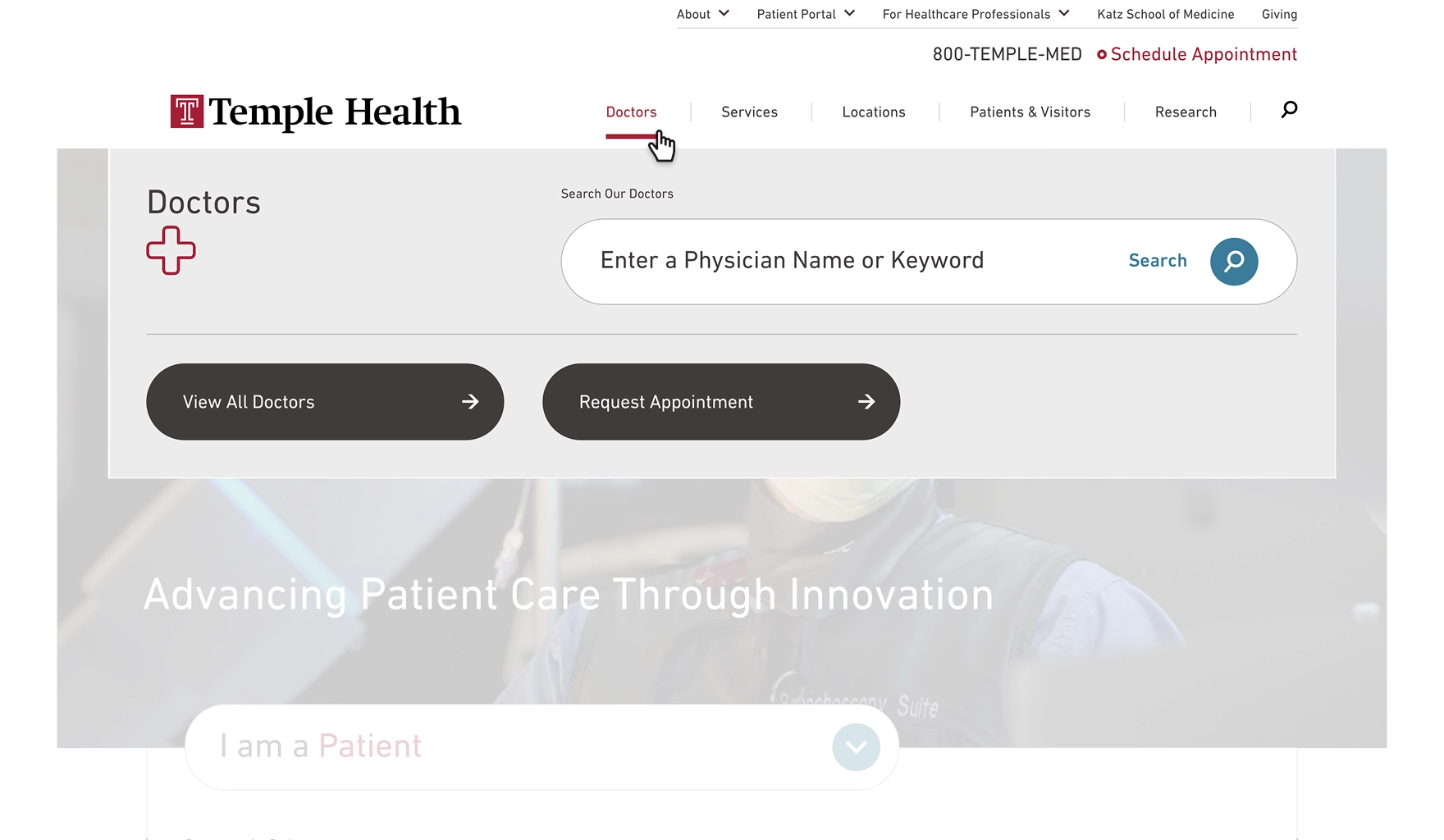 Temple Health website interface with search bar to find doctors by name or keyword, plus options to view all doctors or request an appointment.