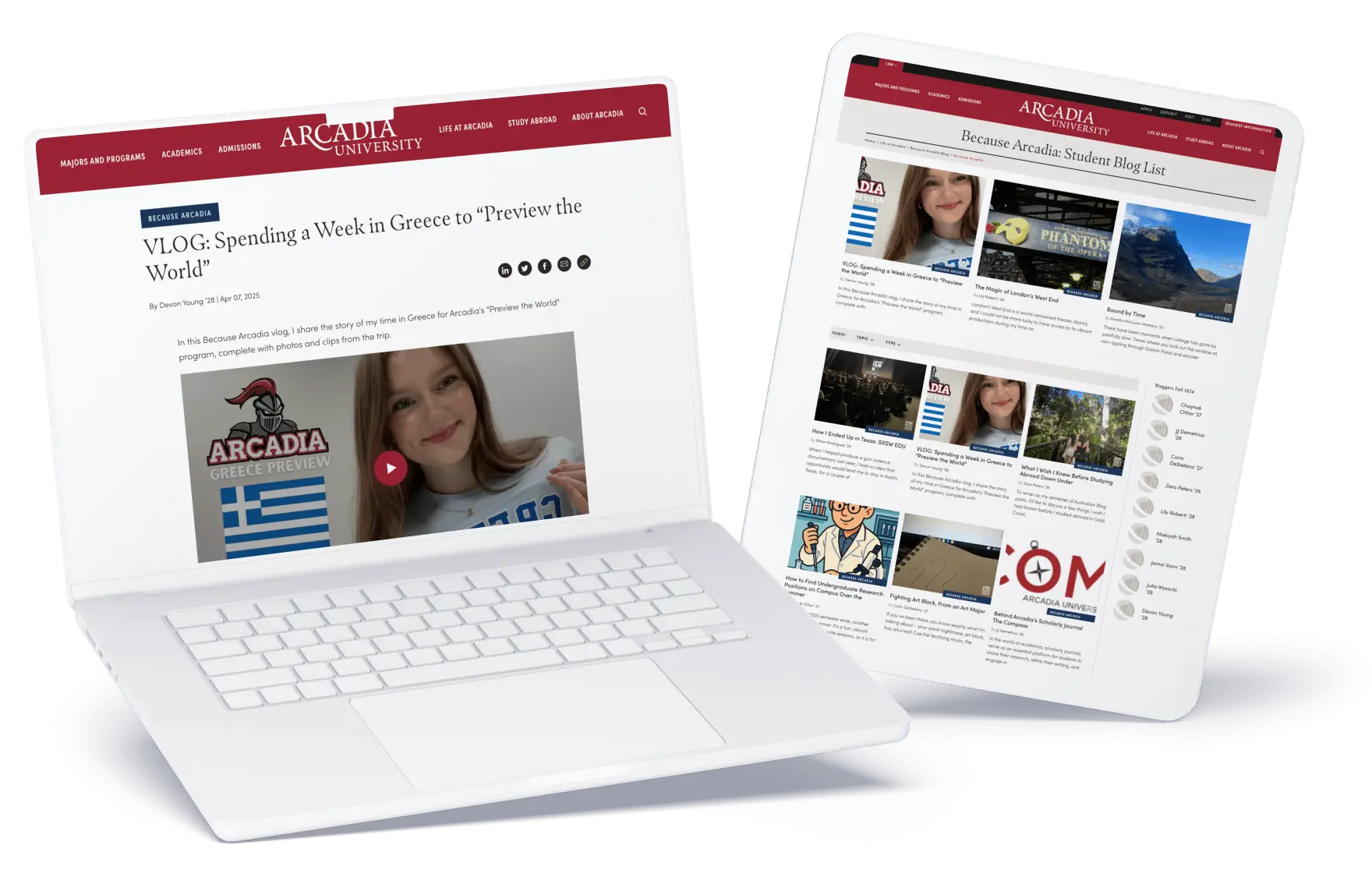 Laptop and tablet screens displaying Arcadia University’s student blog pages, featuring a video thumbnail and article listings highlighting student experiences and study abroad stories.