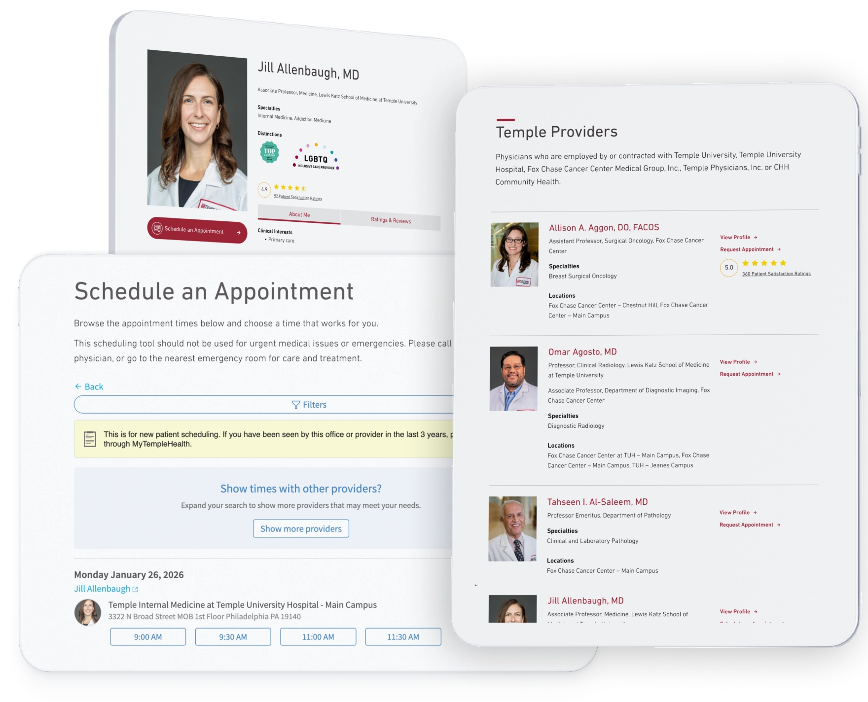 Temple Health website interface showing provider profiles and appointment scheduling options tailored to different patient needs.