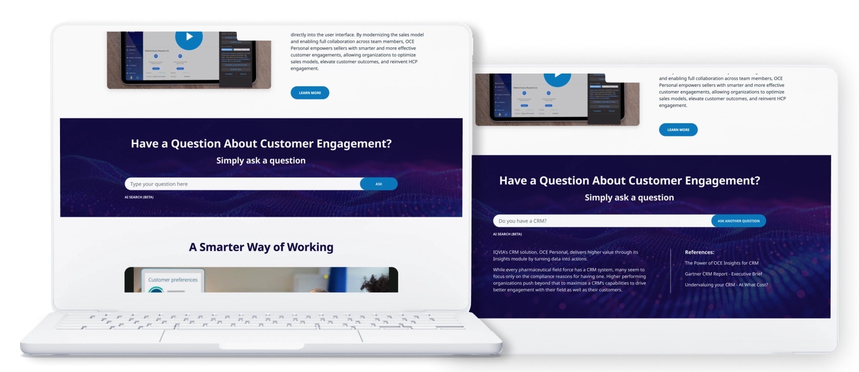 Healthcare site interface with AI-driven search bar prompting users to ask questions about customer engagement.