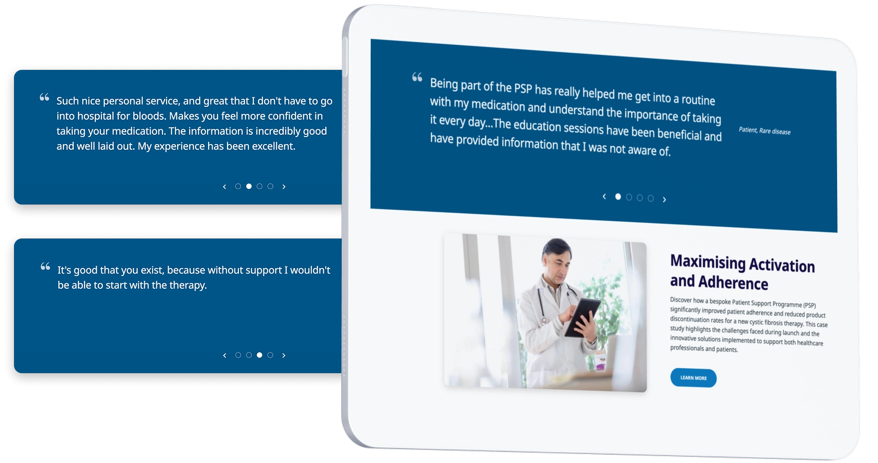Healthcare platform design example highlighting rotating patient testimonials and success stories alongside medical imagery.