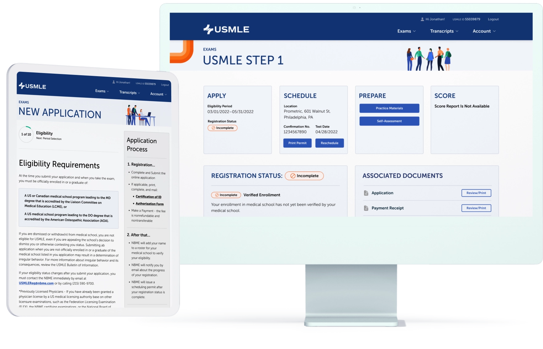 USMLE portal interface showing clean dashboard layout with sections for applying, scheduling, preparing, and tracking exam progress.