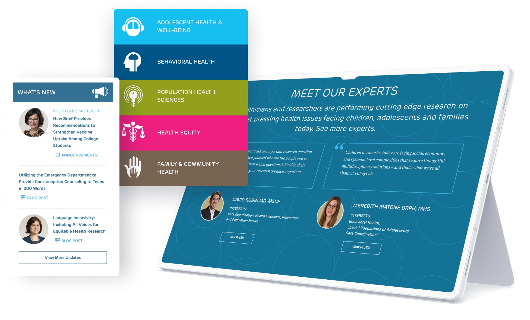 PolicyLab website interface featuring research categories, expert profiles, and accessibility-focused content layout.