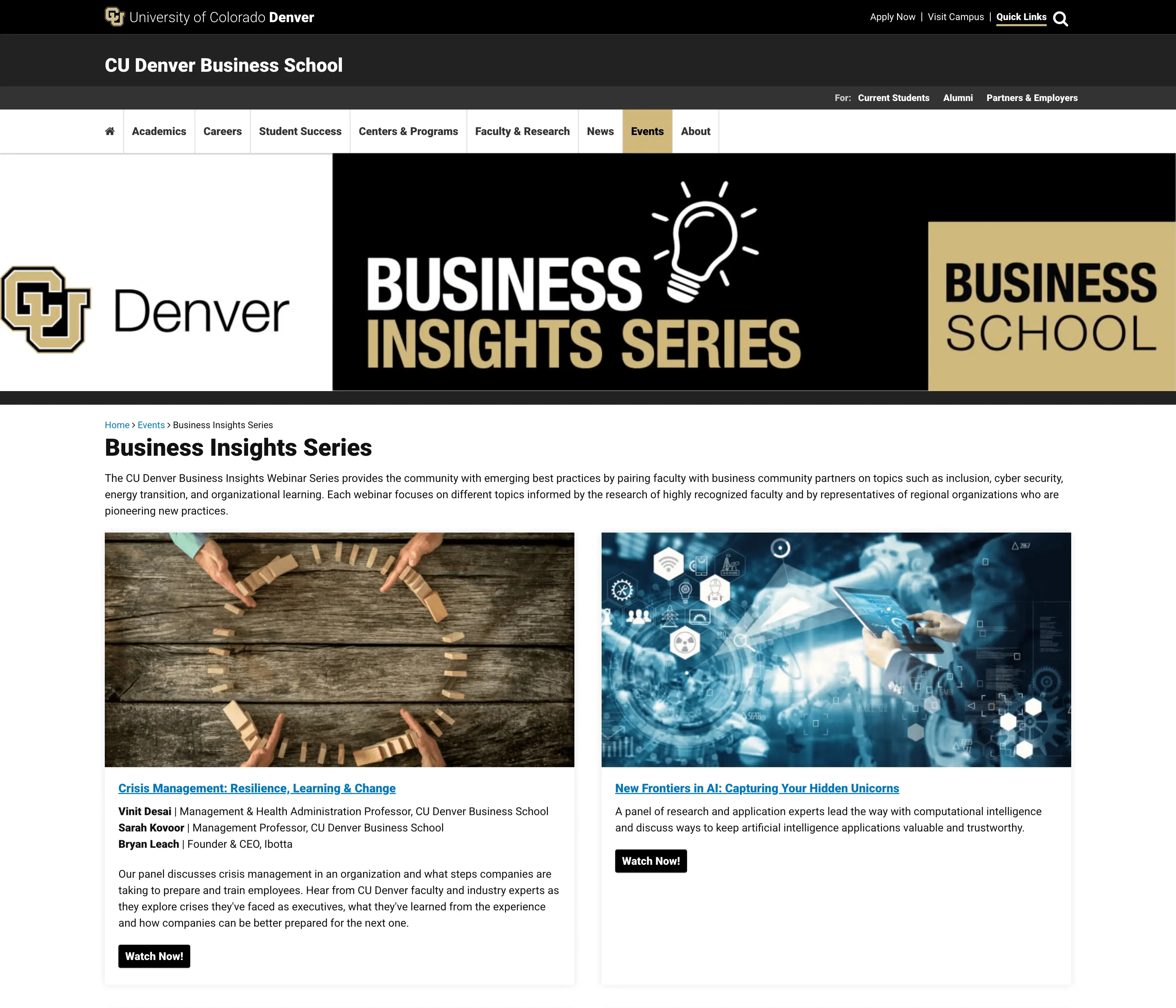 Screenshot of the University of Colorado Denver Business School’s “Business Insights Series” webpage, showcasing event listings and faculty-led webinars on topics such as crisis management and artificial intelligence.