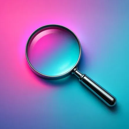 A metallic magnifying glass resting on a vivid gradient background of pink, purple, and teal light, symbolizing digital discovery and emerging trends.
