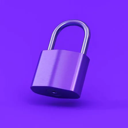 A metallic purple padlock floating against a solid purple background, symbolizing digital security.