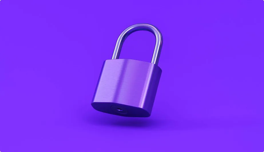 A metallic purple padlock floating against a solid purple background, symbolizing digital security.