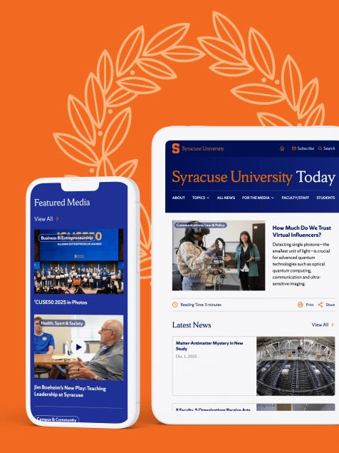 Mobile and tablet mockups of the redesigned Syracuse University Today news site displayed on an orange background, highlighting Featured Media and a top news story.