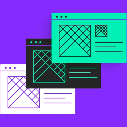 Illustration of multiple overlapping website layouts showing a unified design system for multi-site brand implementation.