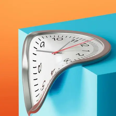 Surreal melting clock draped over a cube representing outdated websites and the need to hire a website redesign agency.