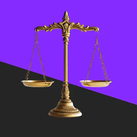 Gold balance scale on a purple and black background symbolizing trust and credibility in law firm website design.