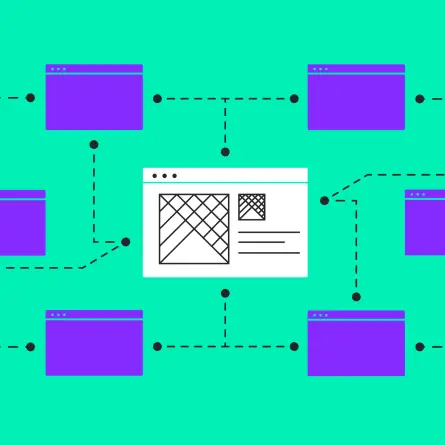 Illustration of multiple connected website layouts around a central page representing multi-site brand implementation by a branding design firm.