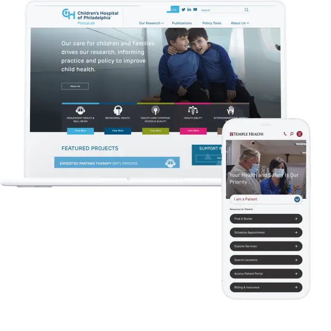 Examples of healthcare website interfaces on desktop and mobile.