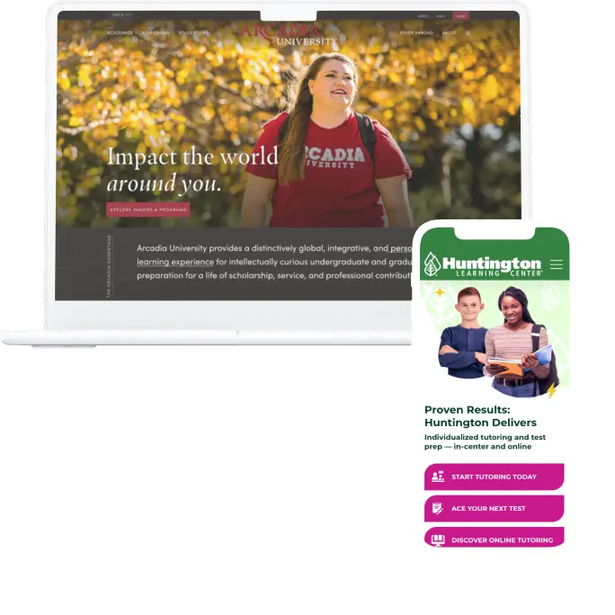 Examples of education website interfaces on desktop and mobile.