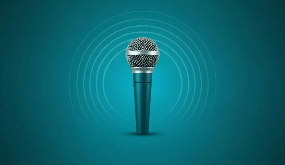 Handheld microphone centered on a teal background with sound wave rings, symbolizing voice, communication, and nonprofit outreach.