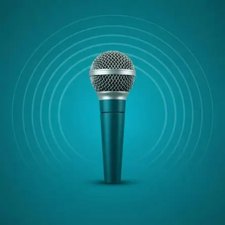 Handheld microphone centered on a teal background with sound wave rings, symbolizing voice, communication, and nonprofit outreach.