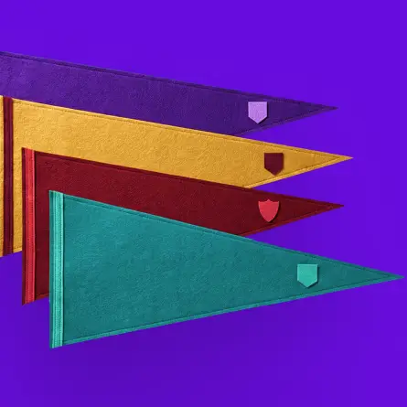 Layered pennant flags in vibrant colors on a purple background symbolizing higher education, student engagement, and alumni pride.