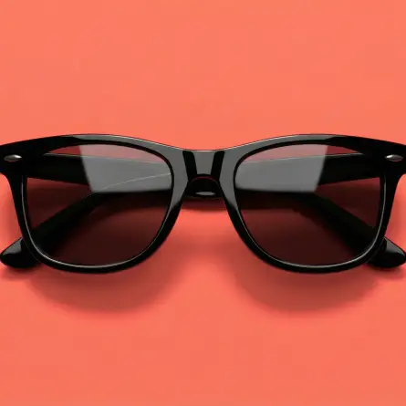 Black sunglasses on a vibrant orange background representing sunny weather, modern style, and West Coast lifestyle.