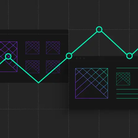 Digital marketing agency website wireframes connected by an upward-trending growth chart, illustrating how professional web design drives measurable business results