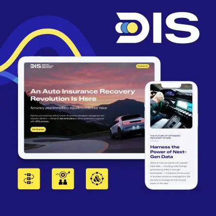 Brand presentation for Digital Insurance Services featuring the DIS logo, website homepage mockups displayed on desktop and mobile devices, and supporting brand icons on a deep blue background.